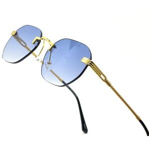 Rimless Sunglasses Blue Lens Gold Frame Fashion Trendy Hip Hop Street Wear Gafas